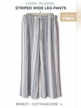 Time and Tru Linen Blend Striped Wide Leg Pants Drawstring Coastal Size Large 12